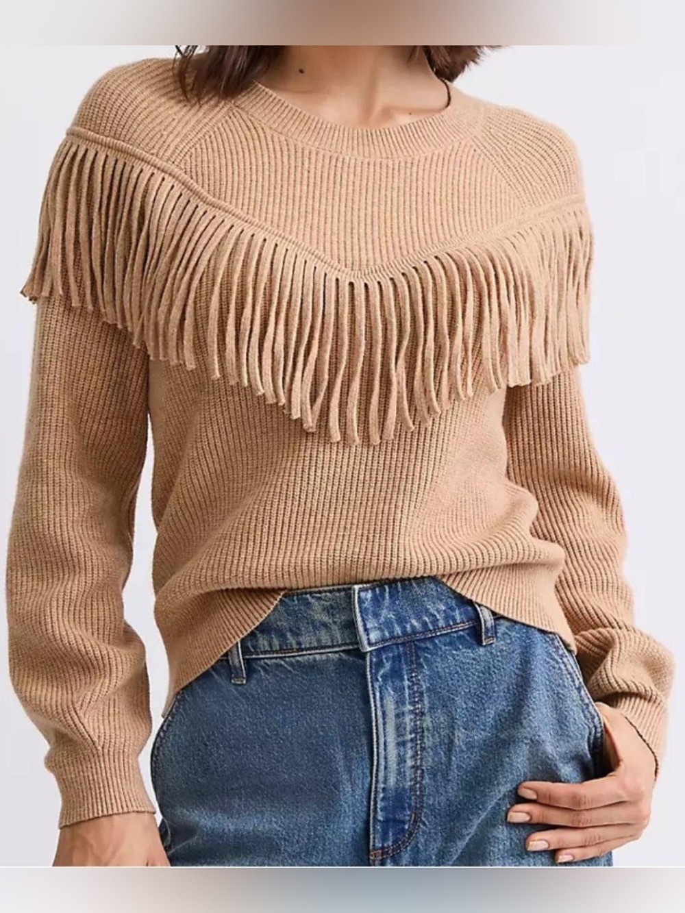 LOFT Tan Fringe Ribbed Crewneck Sweater Western Boho